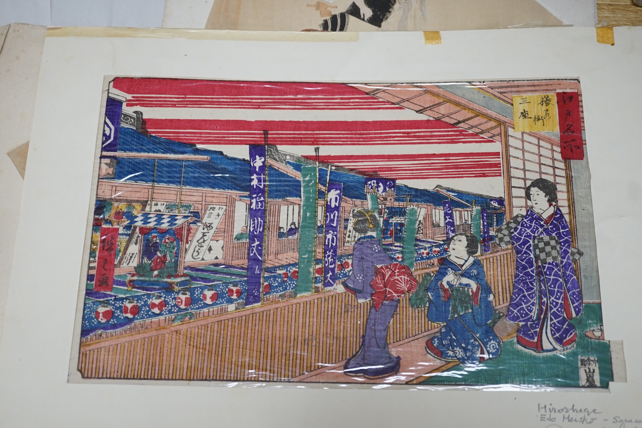 After Hiroshige, two woodblock prints, 'Shrine of Benten' and 'Shinobazu Pond', another print of four figures and a pair of fan leaf designs, largest overall 33 x 53cm, unframed